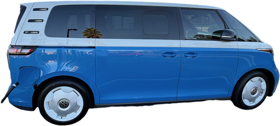 Blue and white Volkswagen ID. Buzz passenger vehicle